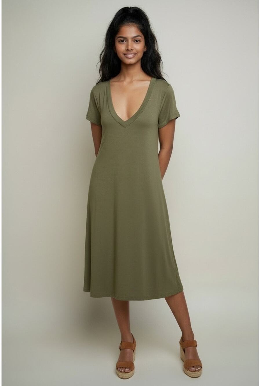 Charlotte Russe Boho Olive Green Deep V-Neck Short Sleeve Swing Dress Small